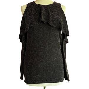 Womens Top Size Small Black Gold Details Open Shoulder Ruffle Detail Glam Party